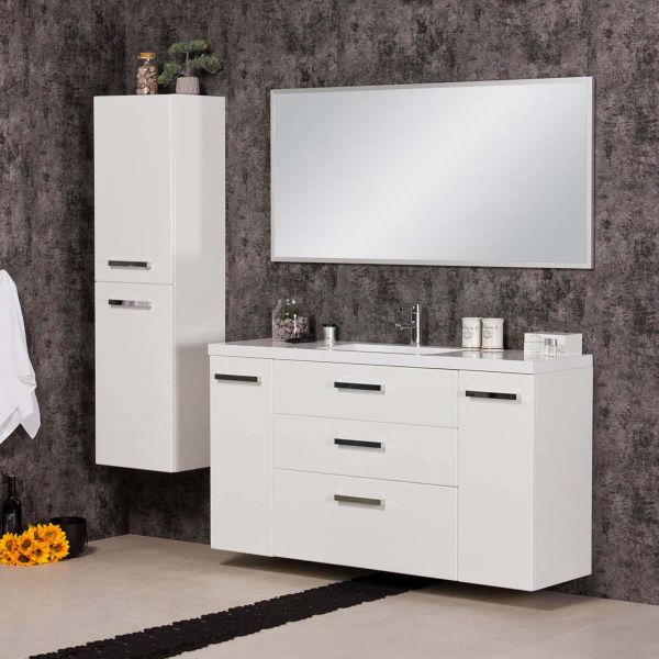 Badmöbel Genua Breite 140 cm, weiß glänzend mit passendem Hochschrank