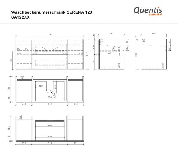 Badmöbel Serena 120 mit Aufsatzwaschtisch, grafitgrau glänzend, Waschbeckenunterschrank montiert