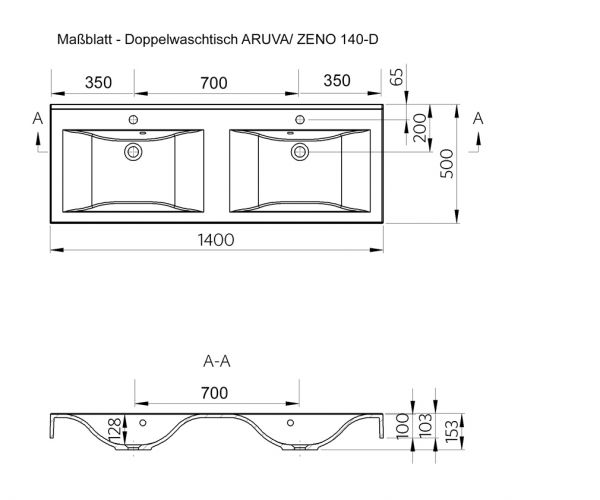 Badmöbel ZENO Breite 140 cm, Holzdekor antik, Doppelwaschtisch mit Unterschrank, montiert