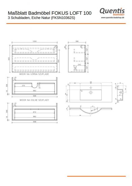 Badmöbel FOKUS Loft 100-XL, Eiche Natur, Waschtisch schwarz matt, Waschtischunterschrank montiert