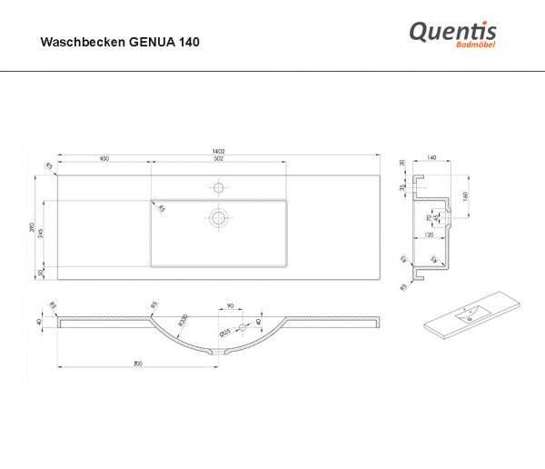 Badmöbel GENUA 140 cm, weiß glänzend, Waschtischunterschrank montiert