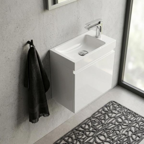 Gäste-WC Badmöbel FAROS 40 cm, Waschbecken mit Unterschrank, Weiß Hochglanz, vormontiert