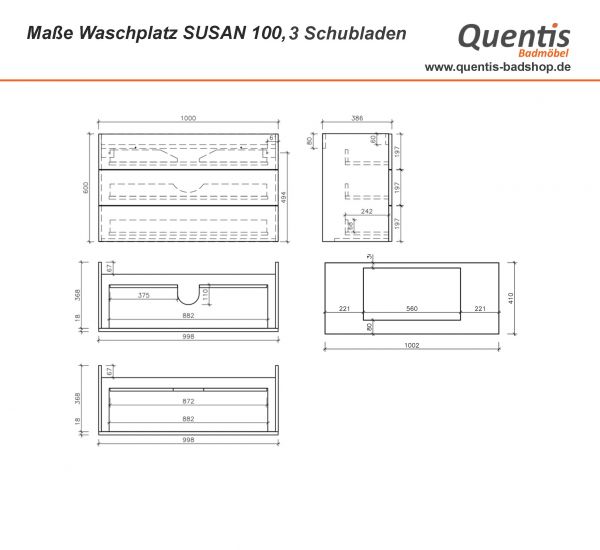 Badmöbel SUSAN Breite 100 cm, weiß, Waschbeckenunterschrank montiert