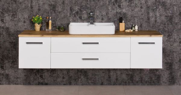 Badmöbel ARUVA Breite 180 cm, Weiß/ Eiche Natur, Waschtischunterbau montiert, Waschbecken optional