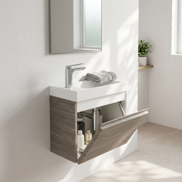 Gäste-WC Badmöbel FAROS 40 cm – Waschbecken mit Unterschrank, Eiche grau, vormontiert