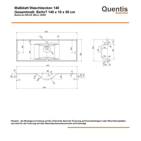 Badmöbel ARUVA Breite 140 cm, weiß glänzend, Waschtischunterschrank montiert