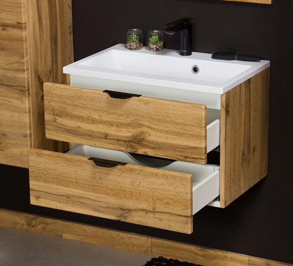 Badmöbel VICTOR 60, Waschtischunterbau mit 2 Schubladen inkl. Gussmarmorbecken, eiche