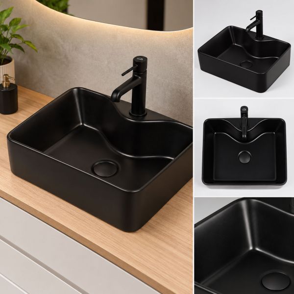 Aufsatzwaschbecken BRENDO 47 cm Schwarz matt – Keramik mit Hahnloch