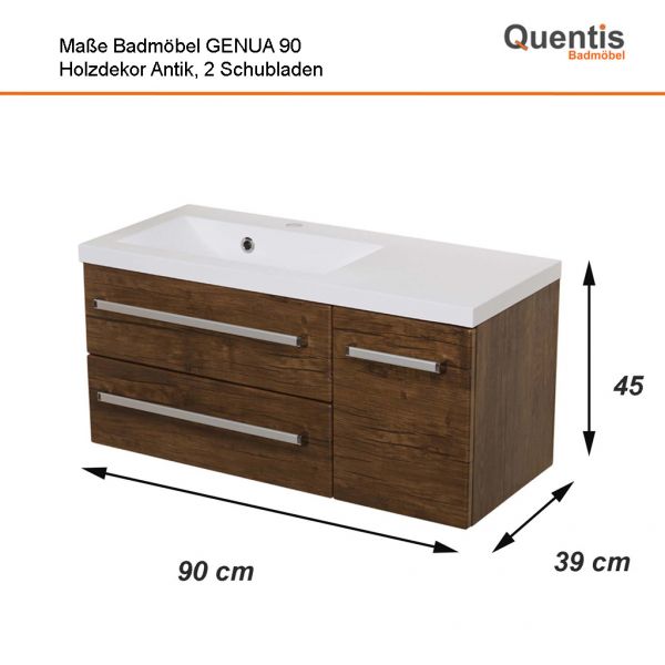 Badmöbel GENUA 90 cm Holzdekor Antik – Waschbecken mit Unterschrank, 2 Schubladen, vormontiert