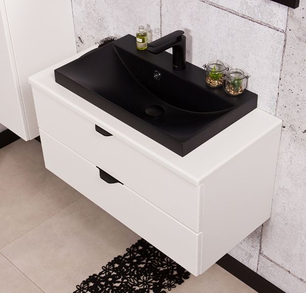 Waschplatz VICTA 80, seidenmatt weiß, Waschbecken schwarz matt (Art.Nr. VIC80247-S)