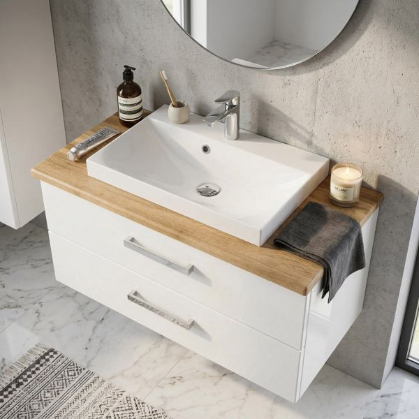 Badmöbel SUSAN 80 cm Weiß Hochglanz / Eiche Natur mit Waschbecken, 2 Schubladen