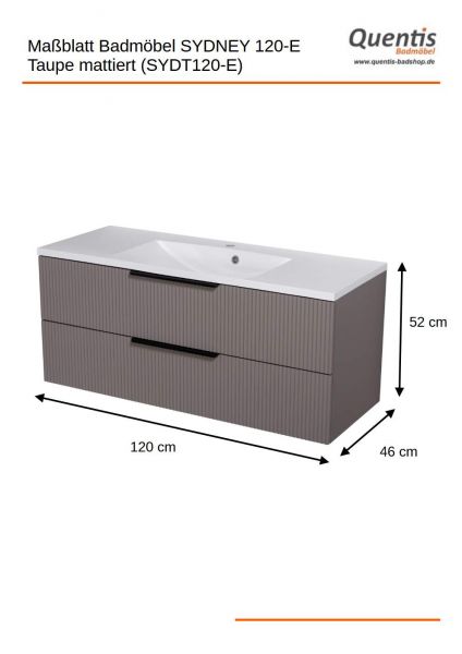 Maßblatt Badmöbel SYDNEY 120 cm, Taupe matt, Waschtisch und Unterschrank (montiert) mit Lamellenstruktur-Copy