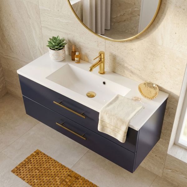 Badmöbel BELLI 100 cm Marineblau matt – Waschbecken mit Unterschrank, 2 Schubladen, vormontiert