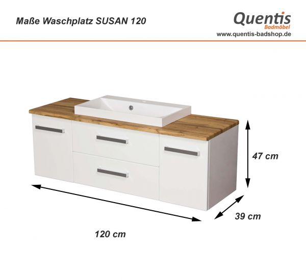 Maße Badmöbel Susan, Breite 120 cm, weiß/ Eiche Natur (SN1247-NE-2S)