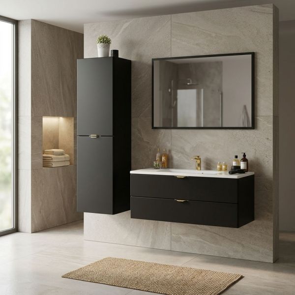 Badmöbel VICTOR 100 cm, schwarz matt, Waschbecken mit Unterschrank, 2 Softclose-Schubladen, vormontiert