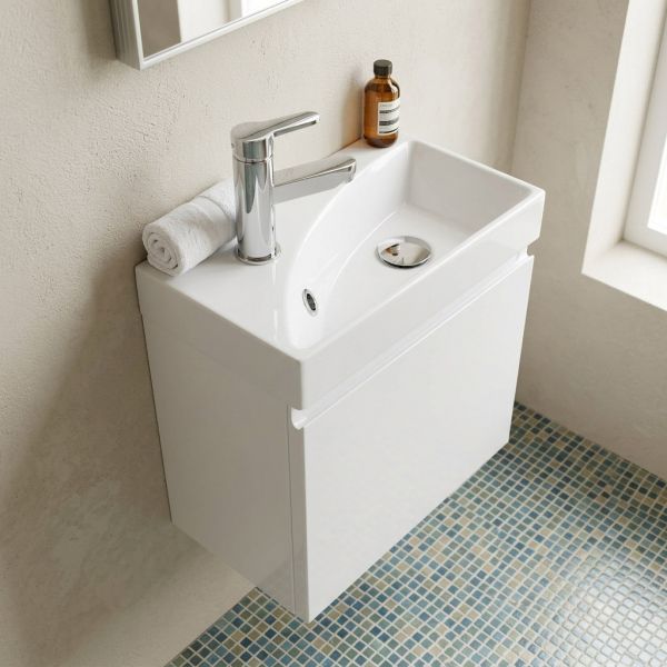 Gäste-WC Badmöbel RENA 40 cm, weiß glänzend, Waschbecken mit Unterschrank, vormontiert