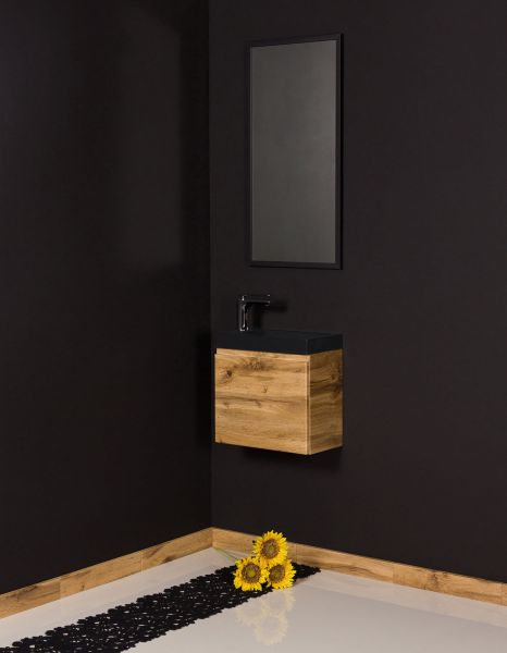 Badmöbel Gäste-WC FAROS 40, Eiche Natur, Waschbecken schwarz matt, Waschbeckenunterschrank montiert