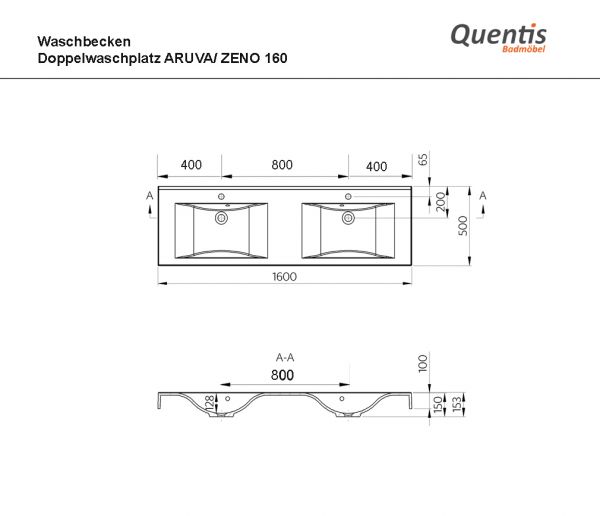 Badmöbelset ZENO 160 cm, Nussbaum, Doppelwaschtisch mit Unterschrank, montiert
