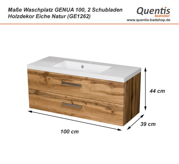 Badmöbel GENUA 100 cm, 2 Schubladen, Holzdekor Eiche Natur, Unterschrank montiert