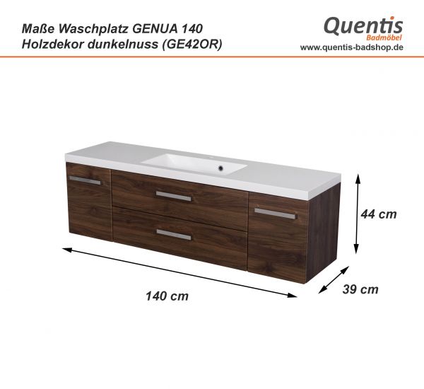 Maße Quentis Badmöbel Genua 140, Nussbaum (GE42OR)