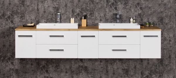 Badmöbel SUSAN, Breite 210 cm, Weiß/ Eiche Natur, Waschtischunterbau montiert
