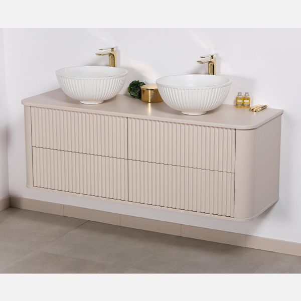 Doppelwaschtisch LILIA 140 cm, sand matt, Waschtischunterschrank montiert, inkl. 2 Aufsatzbecken