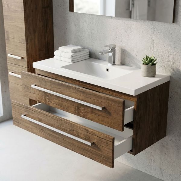 Badmöbel Genua, Breite 100 cm, Holzdekor antik, 2 Softclose-Schubladen