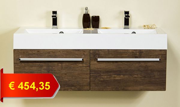 Badmöbel ZENO 120, Holzdekor antik, Doppelwaschtisch mit Unterschrank (montiert)