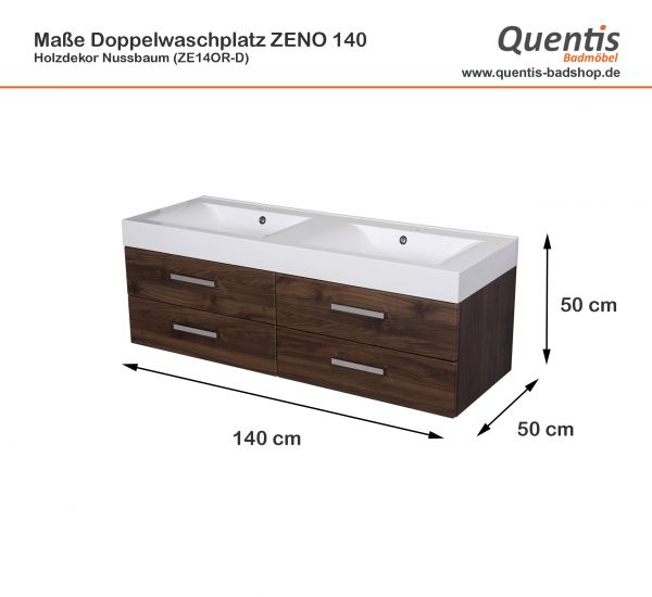 Badmöbel ZENO 140 cm, Nussbaum, Doppelwaschtisch mit Unterschrank, montiert