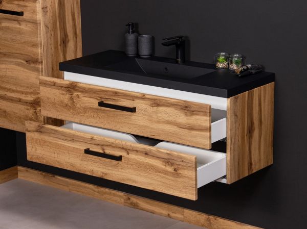 Badmöbel FOKUS LOFT 100, Eiche Natur, Unterschrank montiert, Waschtisch schwarz matt