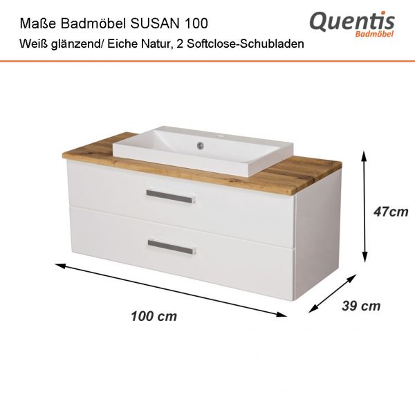 Badmöbel SUSAN Breite 100 cm, Weiß Hochglanz mit Eiche Natur, 2 Softclose-Schubladen