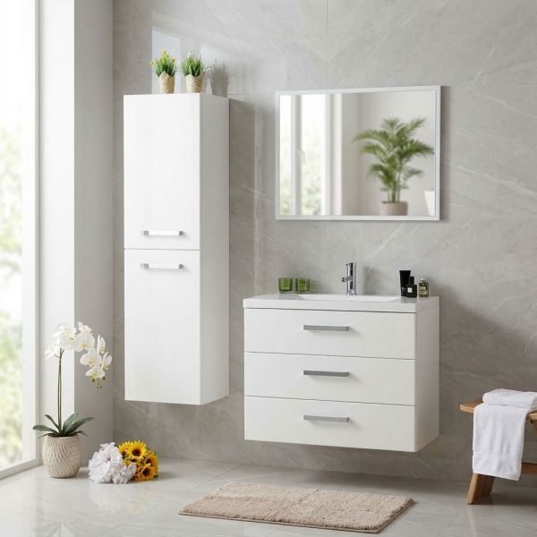 Badmöbel GENUA 80 cm XL Weiß glänzend mit passendem Hochschrank