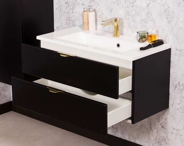 Badmöbel VICTOR 80, Waschtischunterbau mit 2 Schubladen inkl. Waschbecken, schwarz matt