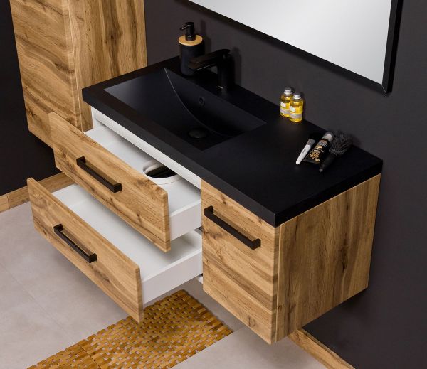 Quentis Badmoebel Fokus Loft 90 cm Eiche Natur Waschbecken schwarz matt FKSN90262