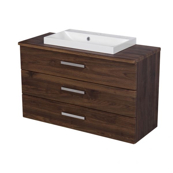 Badmöbel SUSAN Breite 100 cm, 3 Schübe, Nussbaum, Waschbeckenunterschrank montiert