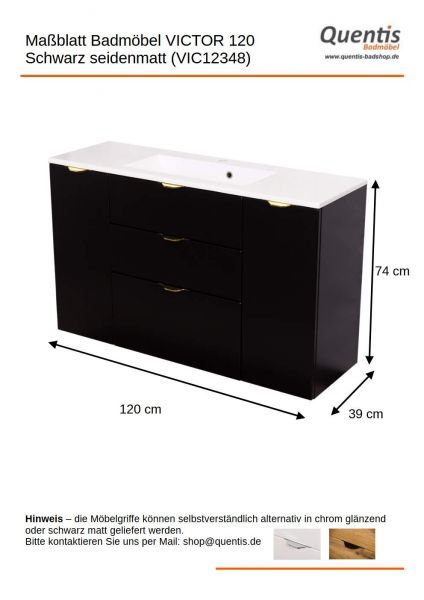 Badmöbel VICTOR 120 cm, seidenmatt schwarz, Waschtischunterbau mit 3 Schubladen (montiert)