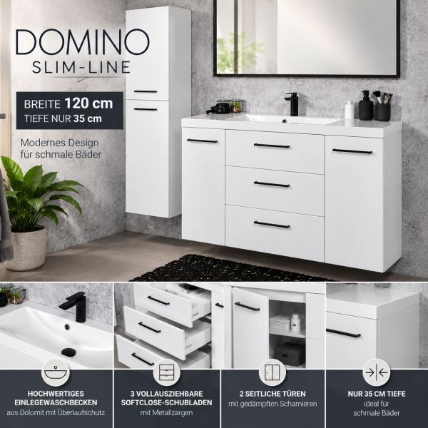 Badmöbel DOMINO SLim-Line 120 cm, weiß matt, Waschtisch und Unterschrank, vormontiert