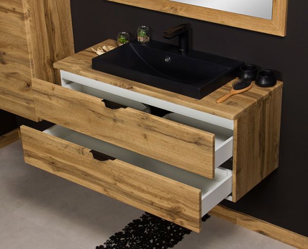 Waschplatz VICTA 100, Eiche Natur, Waschbecken schwarz matt (Art.Nr. VIC10062-S)