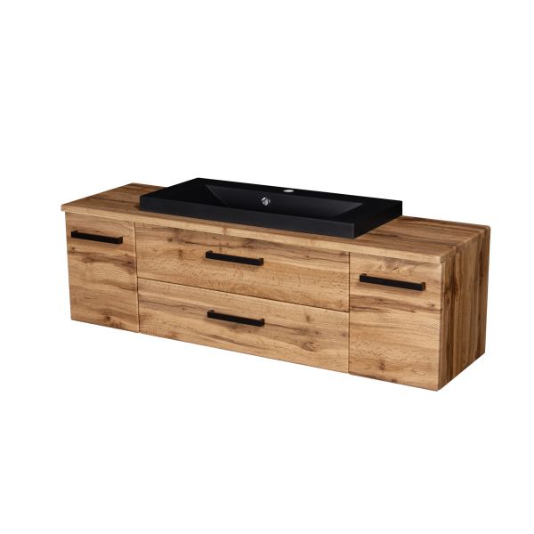 Badmöbelset FOKUS LOFT 140 cm von Quentis – Eiche Natur mit schwarzem Waschbecken matt