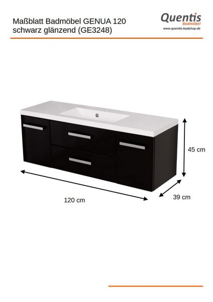 Badmöbel GENUA 120 cm, schwarz glänzend, Waschtischunterschrank montiert