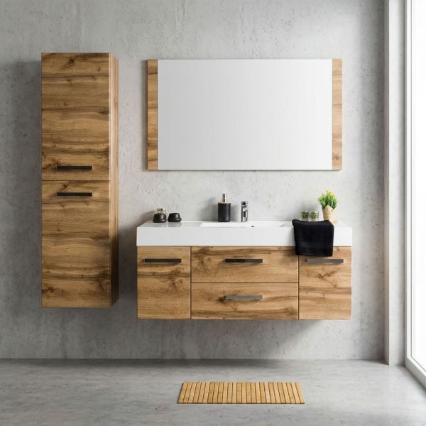 Badmöbel Zeno, Breite 120 cm, Eiche Natur mit passendem Hochschrank