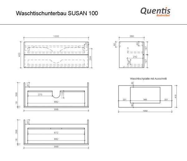 Badmöbel SUSAN Breite 100 cm, weiß, eiche, Waschtischunterschrank montiert