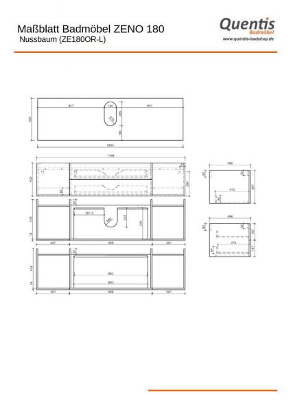 Badmöbel ZENO Breite 180 cm, Nussbaum, Waschtischunterbau montiert, Waschbecken optional
