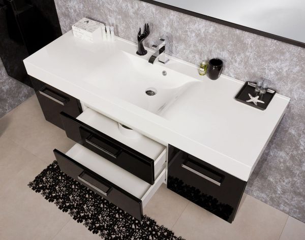 Badmöbel Aruva, Breite 140 cm, schwarz glänzend (AR1448-E-2S)