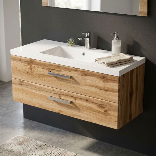 Badmöbel Genua, Breite 100 cm, Holzdekor Eiche Natur, 2 Softclose-Schubladen