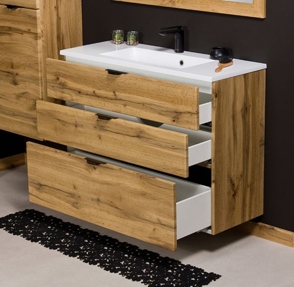 Badmöbel VICTOR 100cm, Waschtischunterbau mit 3 Schubladen inkl. Waschtisch, Eiche