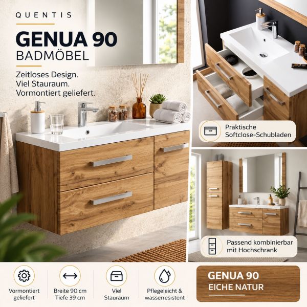 Badmöbel GENUA 90, Eiche Natur – Waschbecken mit Unterschrank, 2 Schubladen, vormontiert