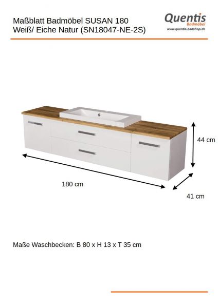 Maßblatt Badmöbel SUSAN, Breite 180 cm, Weiß/ Eiche Natur, Waschtischunterbau montiert