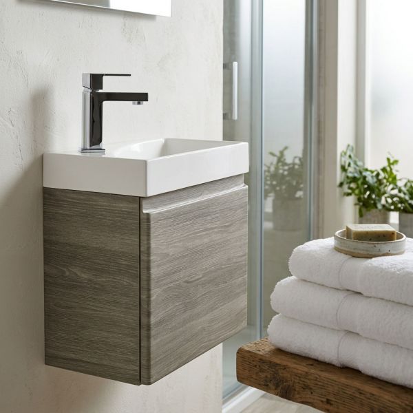 Gäste-WC Badmöbel RENA 40 cm, Eiche grau, Waschbecken mit Unterschrank, vormontiert-Copy