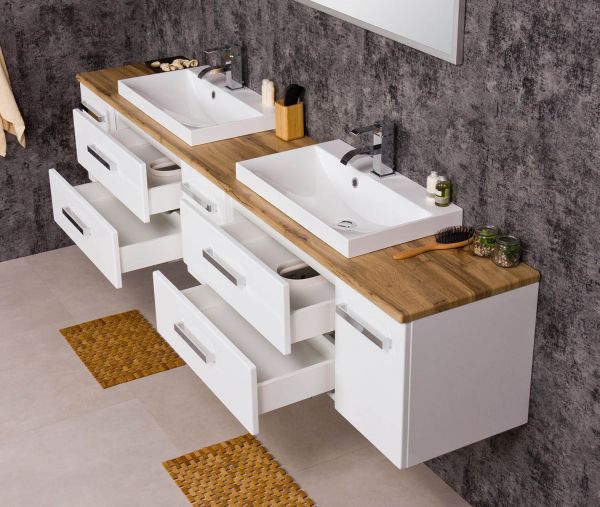 Badmöbel SUSAN, Breite 210 cm, Weiß/ Eiche Natur, Waschtischunterbau montiert